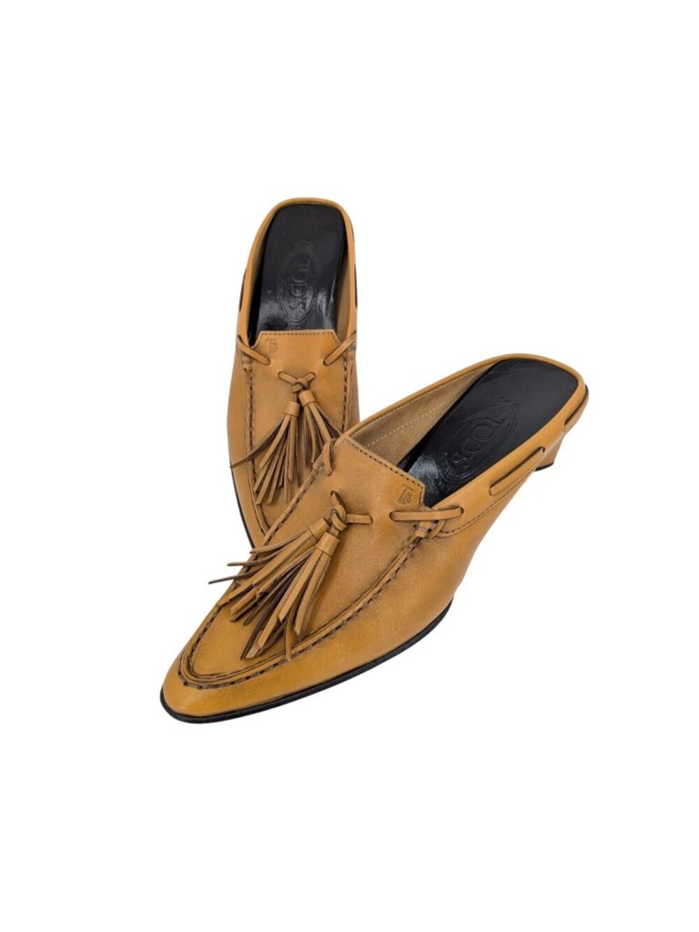 Tods Leather Tassel Mule Loafer Slip On Wedge Kitten Heel Y2K Pointed Size 37 EU